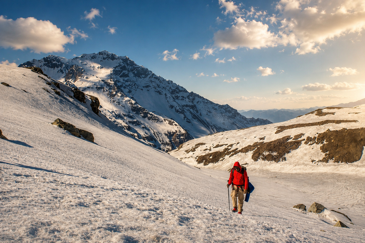A trekker with an orange jacket and backpack facing snow-covered Himalayan peaks